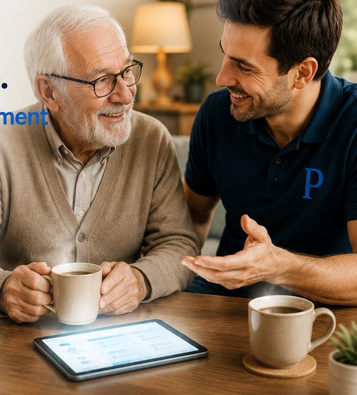 Un accompagnant PapyTech explique le numérique à un senior, autour d'un café, chez lui