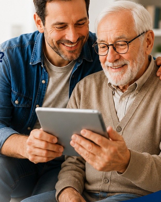 Un fils aide son père à utiliser une tablette, ensemble sur le canapé