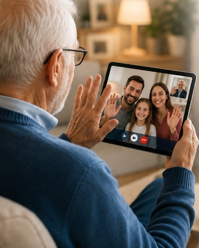 Un senior en appel vidéo avec sa famille depuis sa tablette